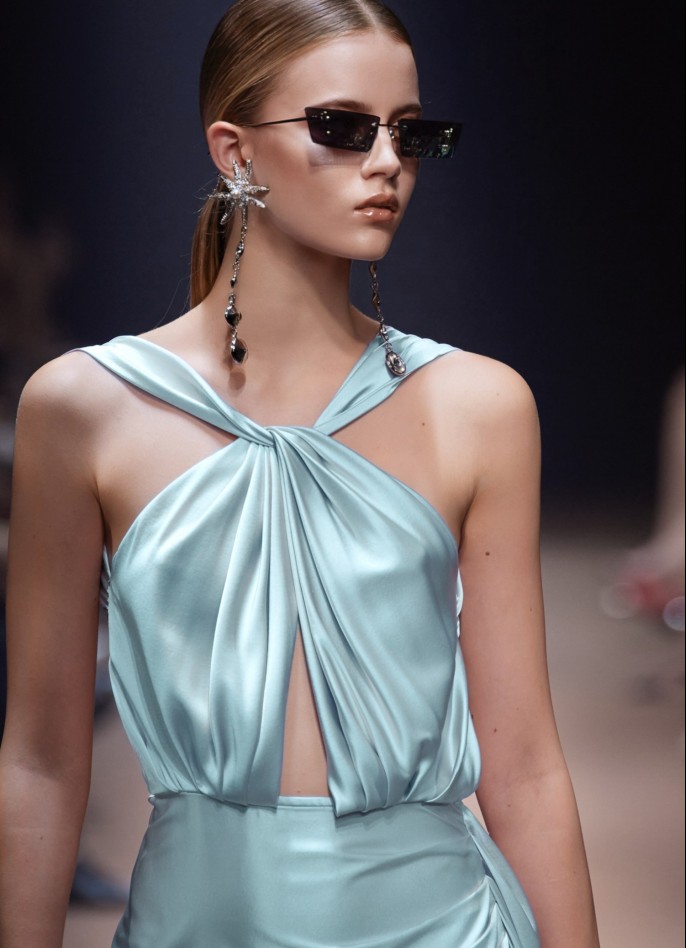 PRE-ORDER : DRAPED SILK SATIN BACKLESS DRESS - ICE BLUE